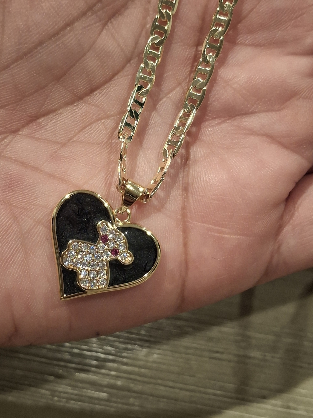 Gold-Tone Heart Pendant Necklace with Black Inlay and Crystal Bear Accent